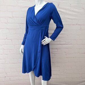 POSESHE Women Mini Dress Long Sleeve Deep V Neck swing Wrap Blue Size L
